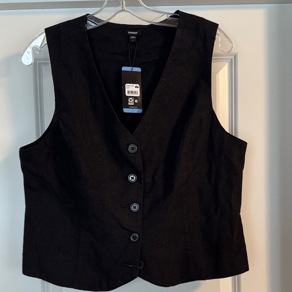 Express Black Linen Button-Down Vest